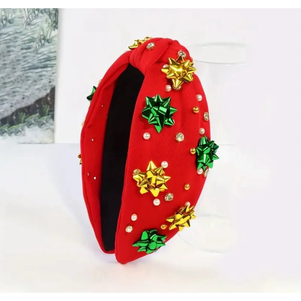 Red Top Knot Headband With Faux Pearls and Christmas Gift Bow Embellishments